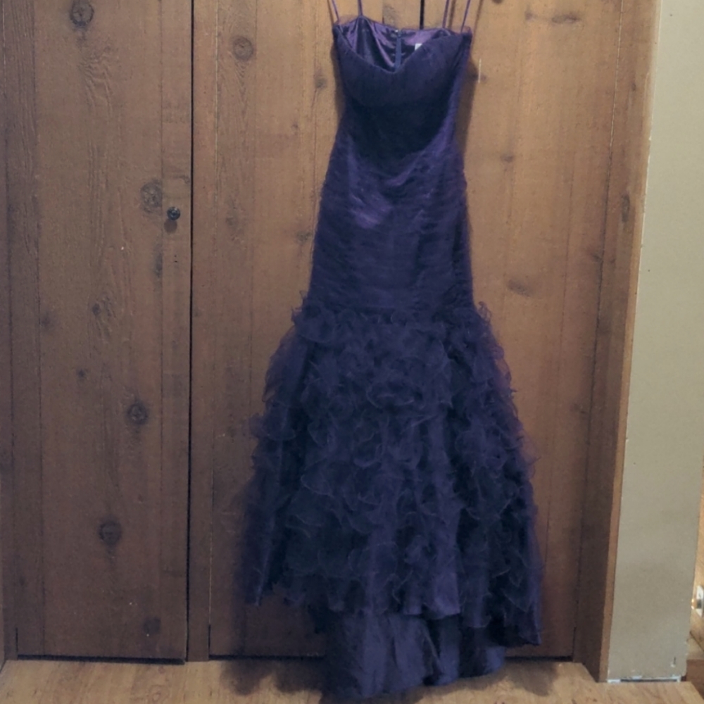Purple Strapless Ruched Tulle Mermaid Gown